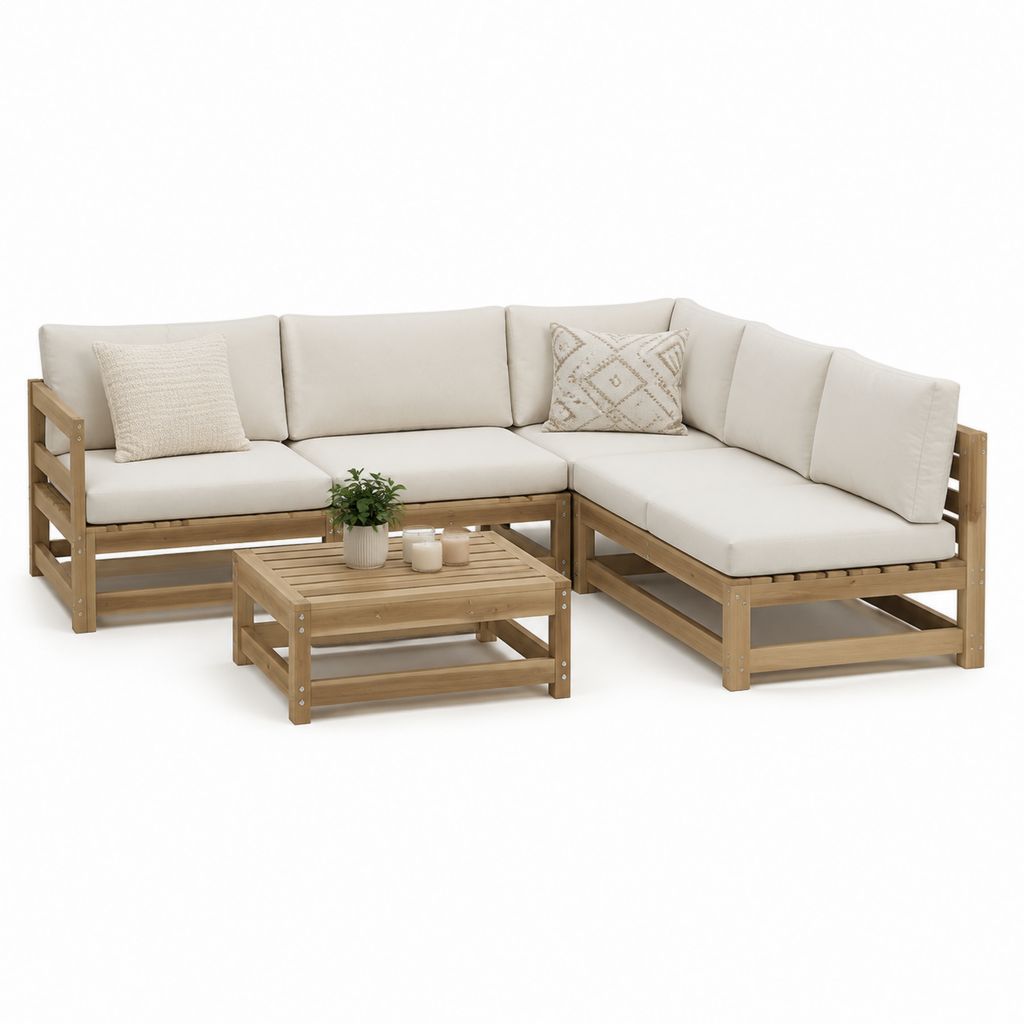 Gartenlounge Ecksofa-Set L-förmig aus Akazien-Massivholz Natur Creme 220 x 220 x 75 cm mit Couchtisch