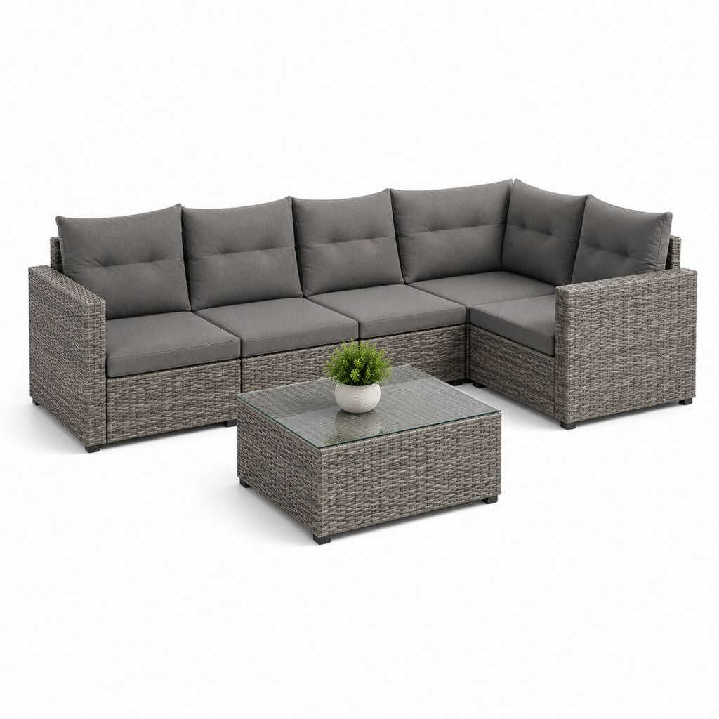 5-teiliges Garten-Loungeset Grau aus PE-Geflecht mit Ecksofa und Glastisch 240 x 180 x 65 cm