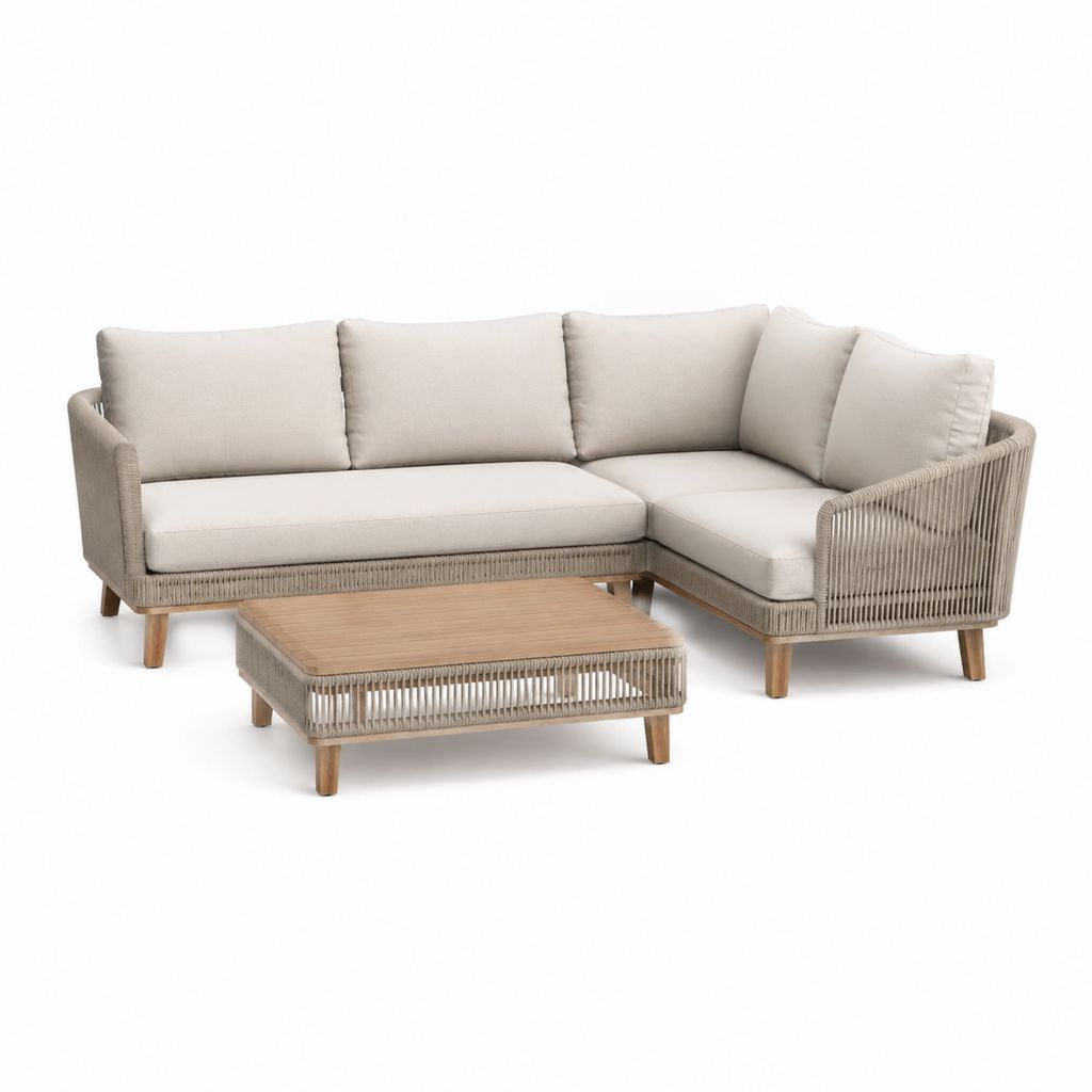 Gartenlounge Ecksofa Set Beige Polypropylen-Seil Akazienholz L-Form 240 x 170 x 75 cm