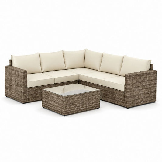 4-teiliges Gartenlounge-Set Ecksofa Beige Polyrattan mit Glastisch 220 x 220 cm