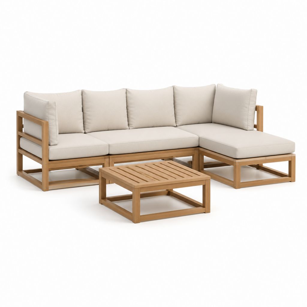 Gartenlounge Ecksofa-Set aus Akazien-Massivholz mit beigen Polyesterkissen L-Form 214 x 146 x 68 cm