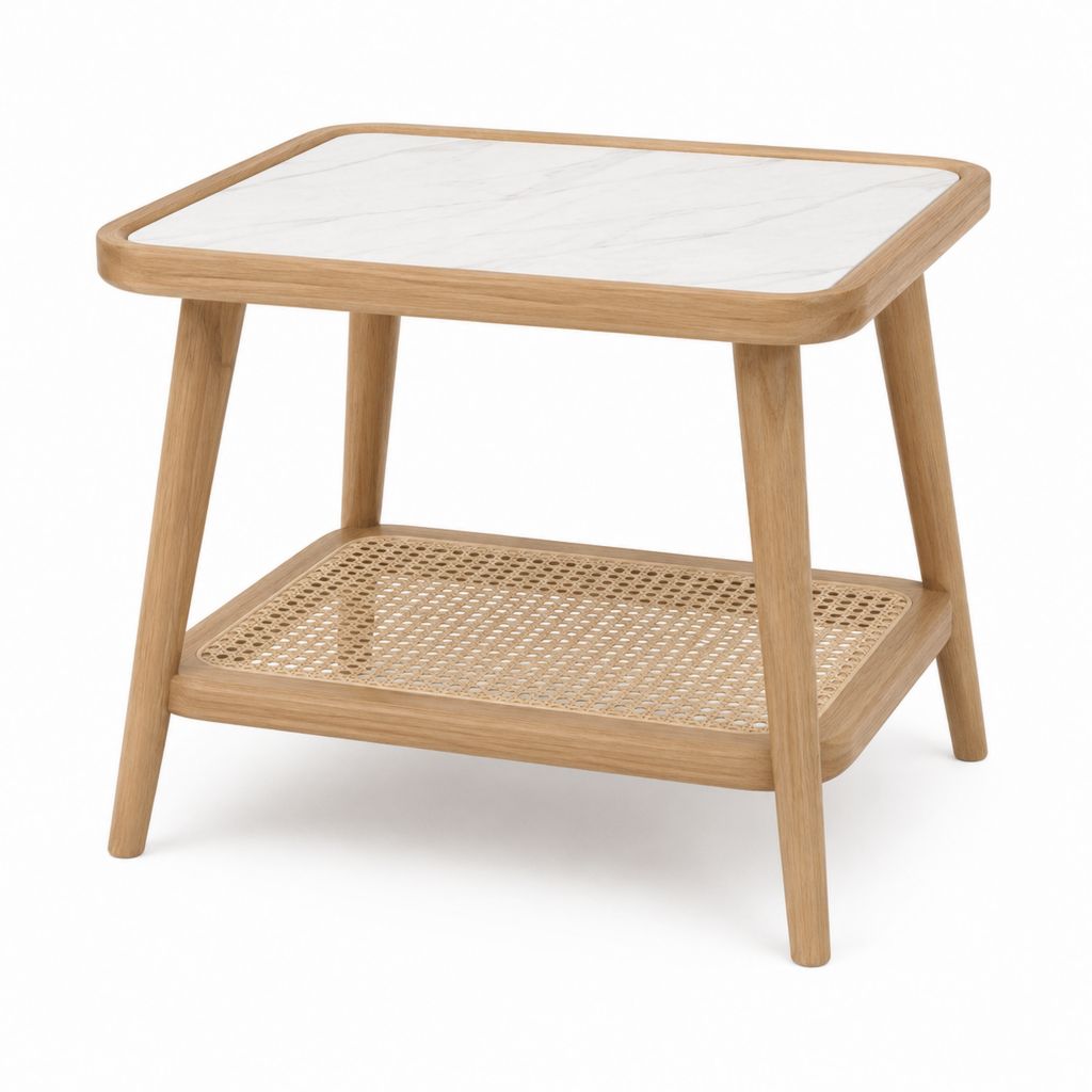 Beistelltisch Eiche natur mit Keramikplatte in Marmoroptik und Rattanflechtboden 60 x 40 x 55 cm