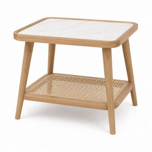 Beistelltisch Eiche natur mit Keramikplatte in Marmoroptik und Rattanflechtboden 60 x 40 x 55 cm