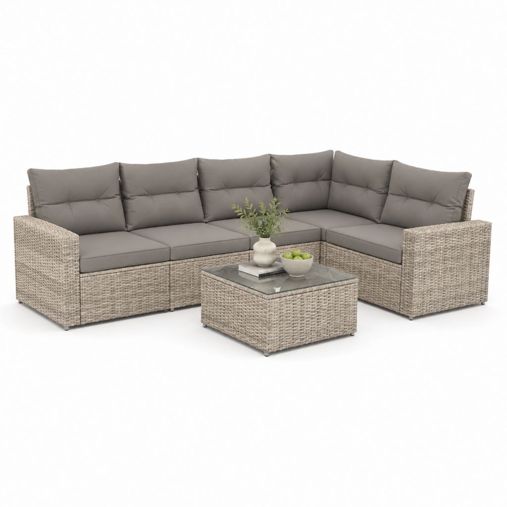 Gartenlounge Set in L-Form Grau Polyrattan mit Glastisch 250 x 190 x 82 cm