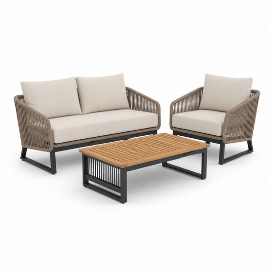 4-teiliges Gartensofa Set Beige mit PE-Geflecht Stahlgestell und Akazienholz Tisch 2-Sitzer 140 x 75 x 78 cm