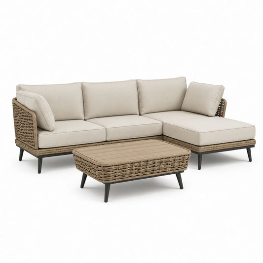 Gartensofa Set 3-teilig Beige PE-Rattan L-Form mit Couchtisch 250 x 160 cm