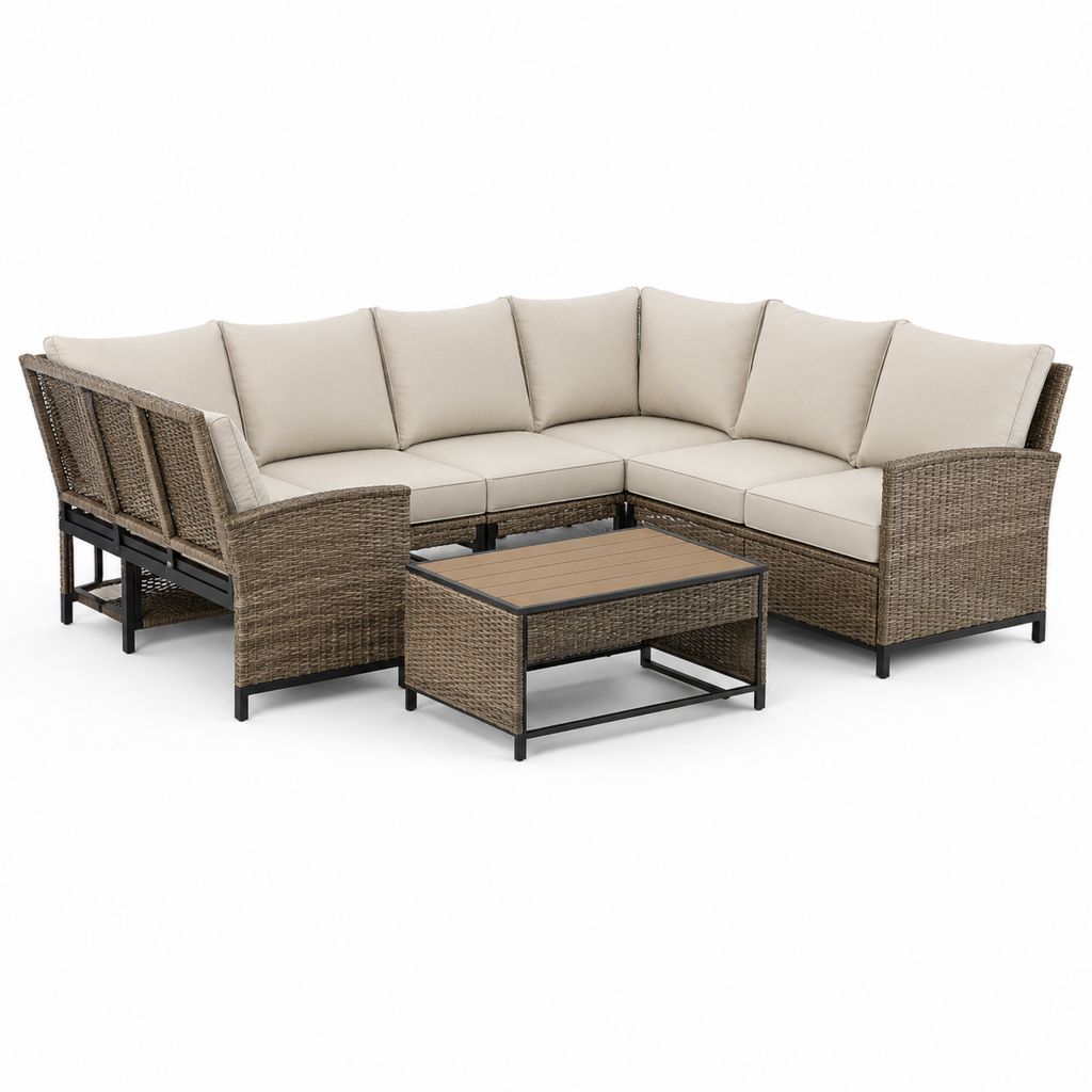 5-Sitzer Gartenlounge Set Braun Beige aus PE-Rattan mit Stahlgestell und Couchtisch 260 x 260 cm