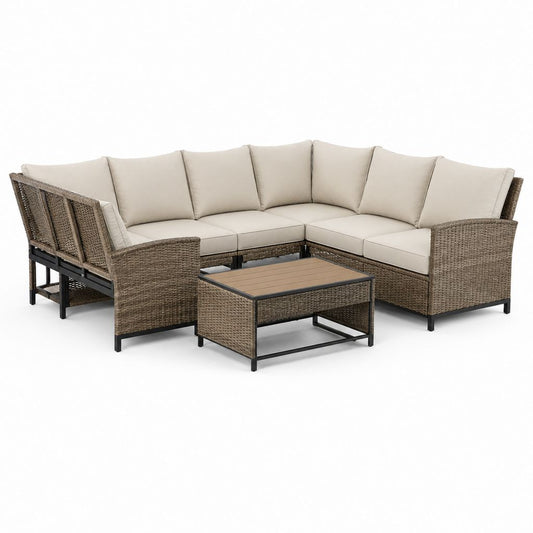 5-Sitzer Gartenlounge Set Braun Beige aus PE-Rattan mit Stahlgestell und Couchtisch 260 x 260 cm