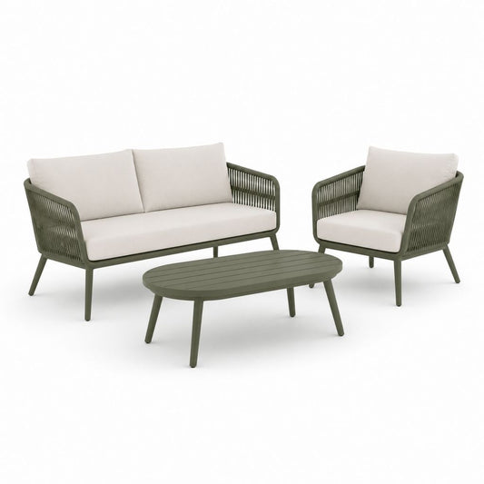 Gartenlounge Set Olivgrün Aluminium mit Cremefarbenen Polyesterkissen 3-teilig 2-Sitzer Sessel Couchtisch