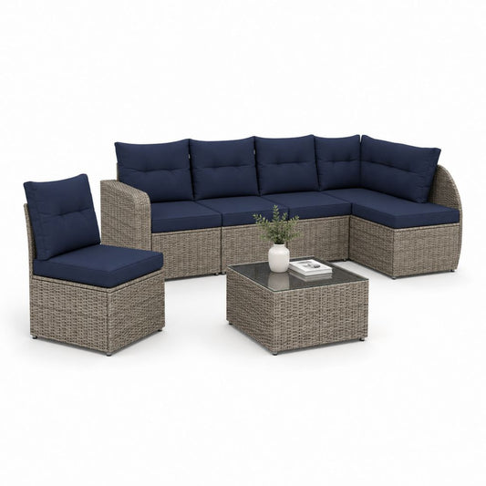 3-teiliges Gartensofa-Set Grau PE-Rattan L-Form mit dunkelblauen Polyesterkissen 210 x 210 cm