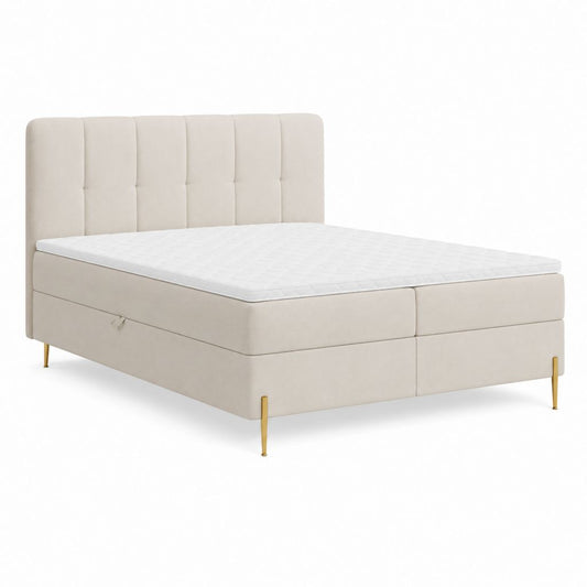 Boxspringbett 180 x 200 cm Beige Polyestersamt Rechteckig mit gepolstertem Kopfteil und goldfarbenen Stahlfüßen