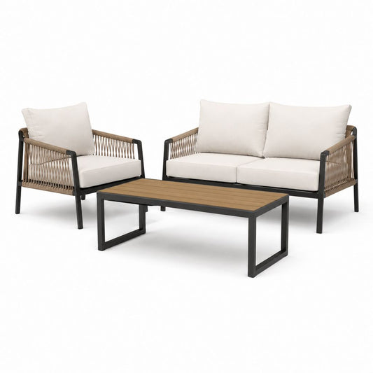 3-teiliges Gartensofa Set Beige mit pulverbeschichtetem Stahlgestell PE-Geflecht und Polywood Tisch 2-Sitzer 138 x 72 x 75 cm
