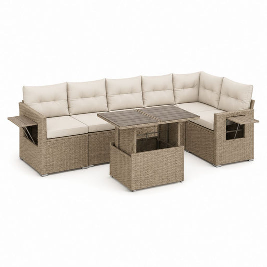 Polyrattan Gartenlounge Set Beige mit L-Form Sofa Hocker und höhenverstellbarem Tisch 240 x 180 cm
