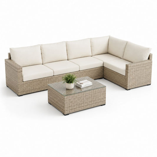 Gartenlounge Ecksofa Set Beige PE-Rattan L-Form mit Glastisch 250 x 190 x 65 cm