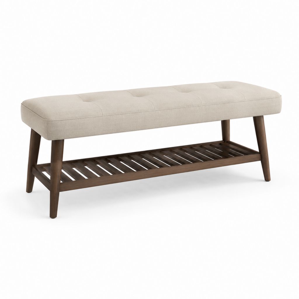 Gepolsterte Schlafzimmerbank Beige mit Ablage aus massivem Kautschukholz 120 x 40 x 48 cm