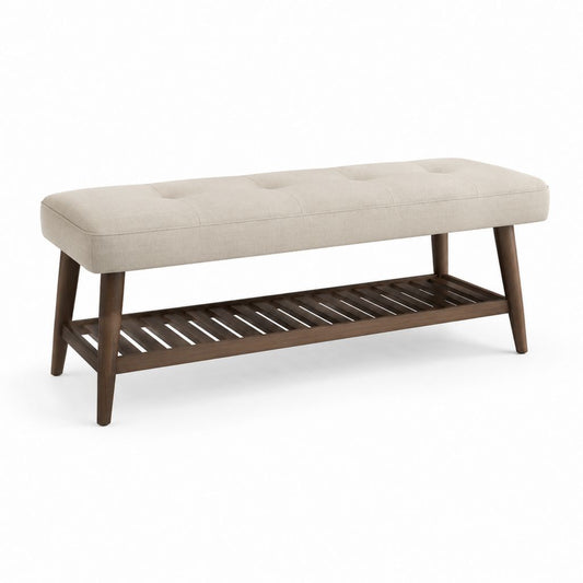 Gepolsterte Schlafzimmerbank Beige mit Ablage aus massivem Kautschukholz 120 x 40 x 48 cm