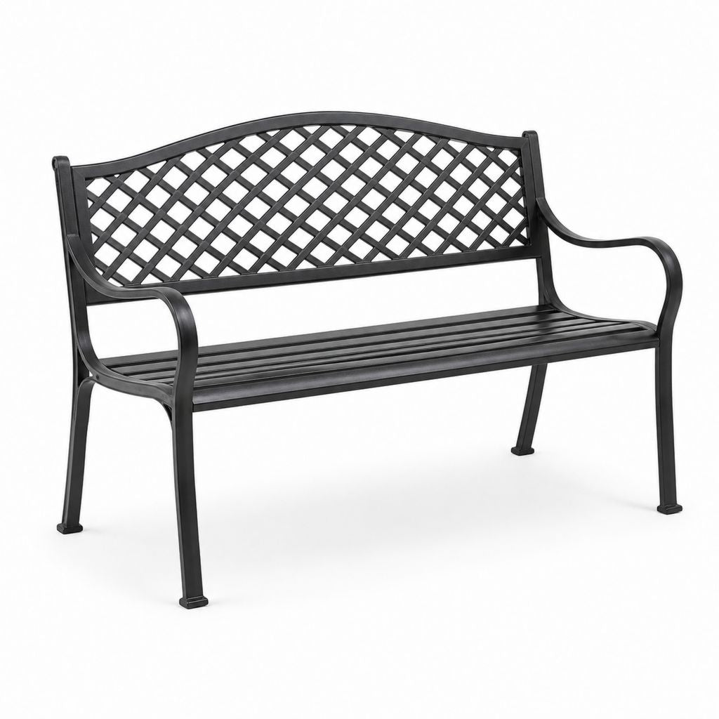 Gartenbank 2-Sitzer Schwarz pulverbeschichteter Stahl mit Rautengitter 122 x 61 x 87 cm