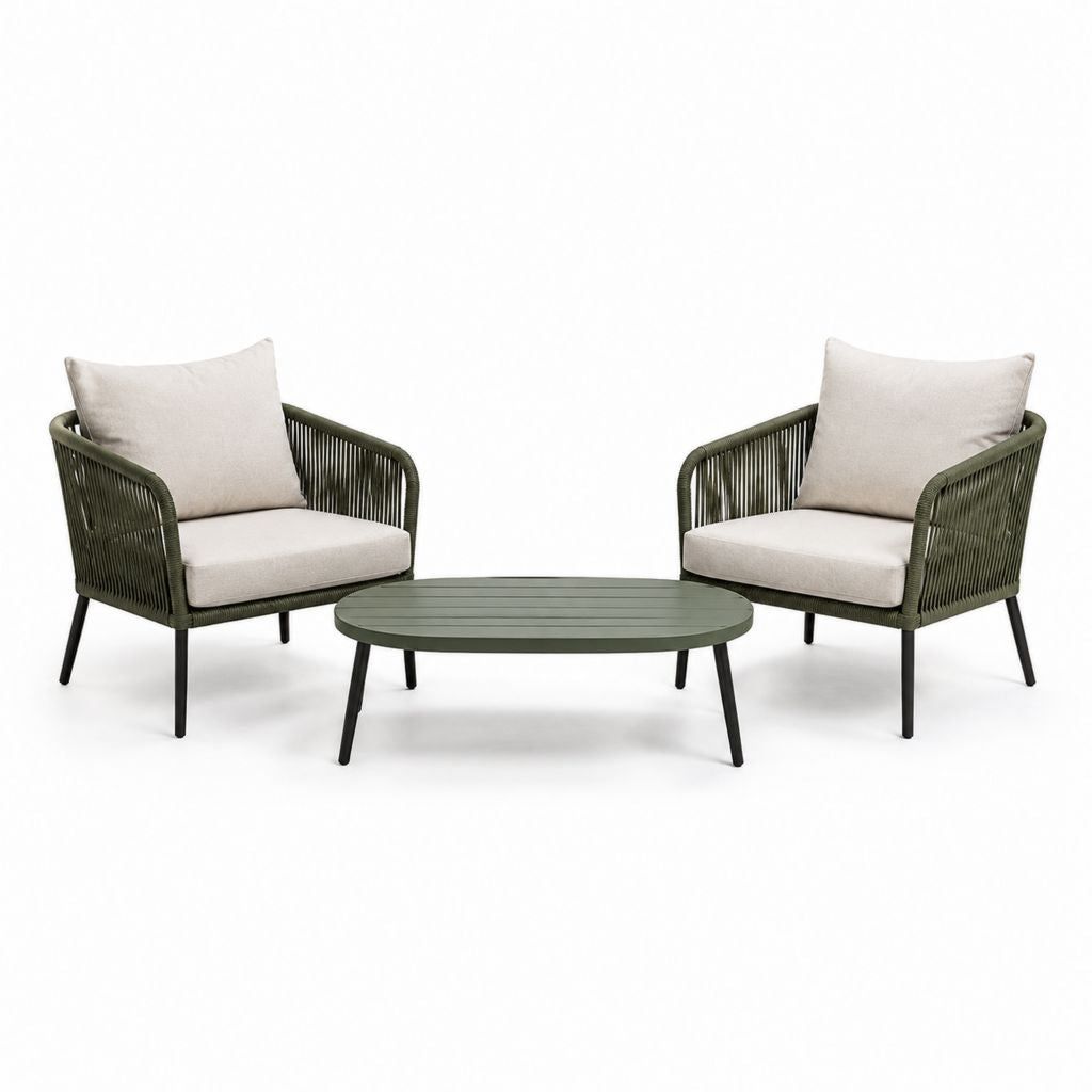 Gartenmöbel Set mit 2 Sesseln und Couchtisch Olivgrün PE-Geflecht Stahl 2 Sessel 68 x 70 x 78 cm Tisch 100 x 60 x 42 cm