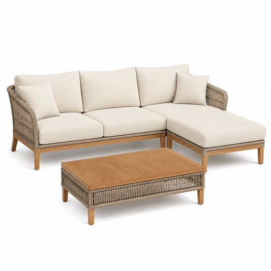 Gartenlounge Set Beige aus Akazienholz und Polypropylen-Seilgeflecht mit Ecksofa und Couchtisch 230 x 150 cm