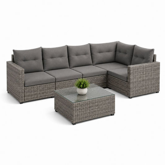 5-teiliges Garten-Loungeset Grau aus PE-Geflecht mit Ecksofa und Glastisch 240 x 180 x 65 cm