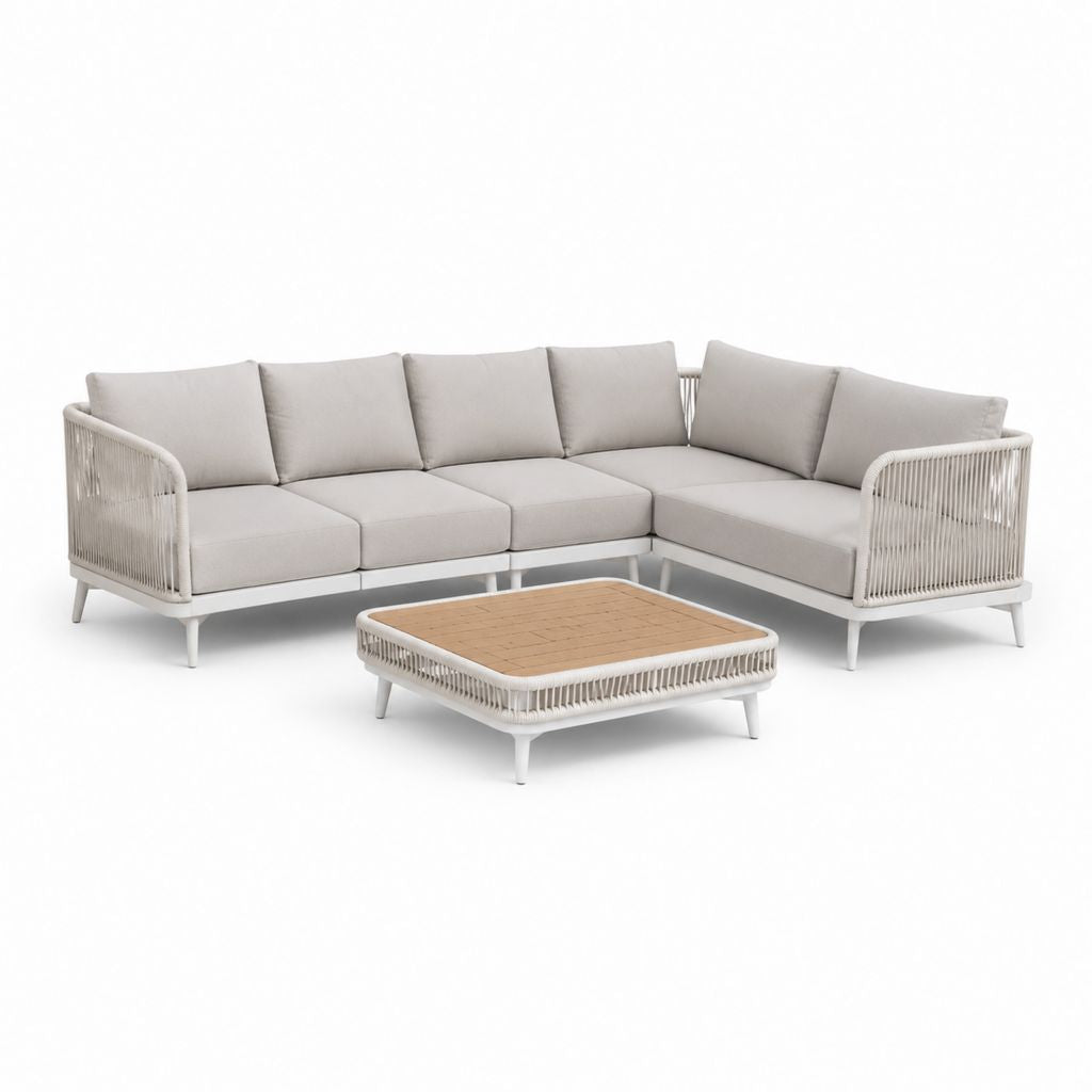 Gartenlounge Set mit L-förmigem Ecksofa und Couchtisch Beige Weiß Aluminium PE-Seil 255 x 195 cm