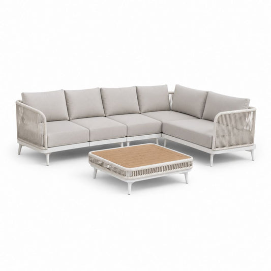 Gartenlounge Set mit L-förmigem Ecksofa und Couchtisch Beige Weiß Aluminium PE-Seil 255 x 195 cm