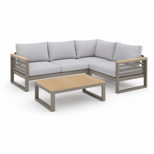 Gartenlounge Ecksofa Set Grau Taupe Aluminium Akazienholz L-Form 220 x 220 cm